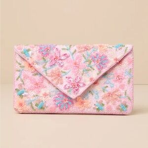 Lulus pink floral beaded clutch NWT